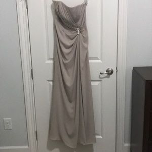 David’s Bridal champagne (biscotti) strapless dress.